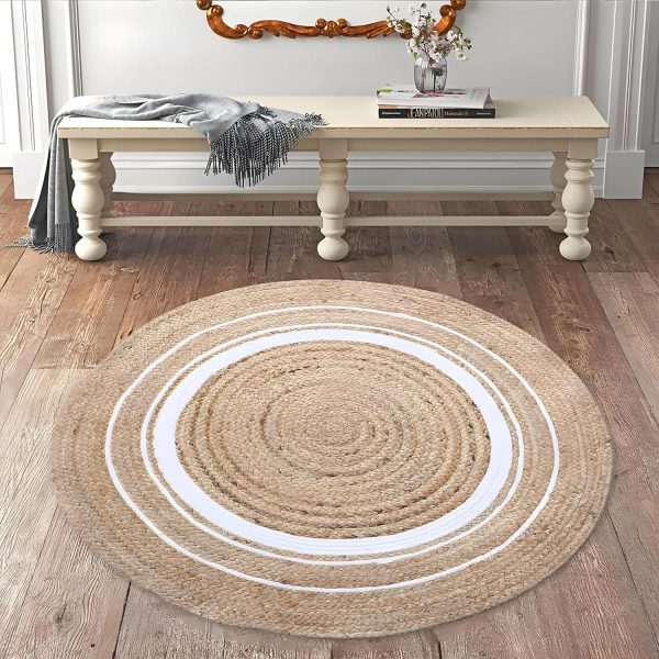 RiyoniCrafts Hand Woven Braided Carpet Rugs|Round Traditional Spiral Design Jute Door mat|Mat for Bedroom,Living Room,Dining Room,Yoga,60x60 cm,(White) - Image 5