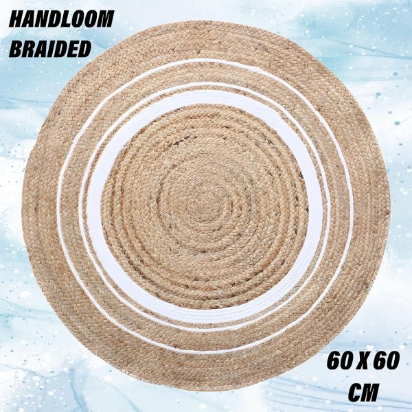 RiyoniCrafts Hand Woven Braided Carpet Rugs|Round Traditional Spiral Design Jute Door mat|Mat for Bedroom,Living Room,Dining Room,Yoga,60x60 cm,(White) - Image 4