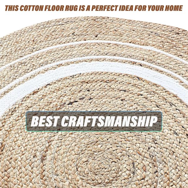 RiyoniCrafts Hand Woven Braided Carpet Rugs|Round Traditional Spiral Design Jute Door mat|Mat for Bedroom,Living Room,Dining Room,Yoga,60x60 cm,(White) - Image 6