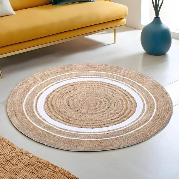 RiyoniCrafts Hand Woven Braided Carpet Rugs|Round Traditional Spiral Design Jute Door mat|Mat for Bedroom,Living Room,Dining Room,Yoga,60x60 cm,(White)